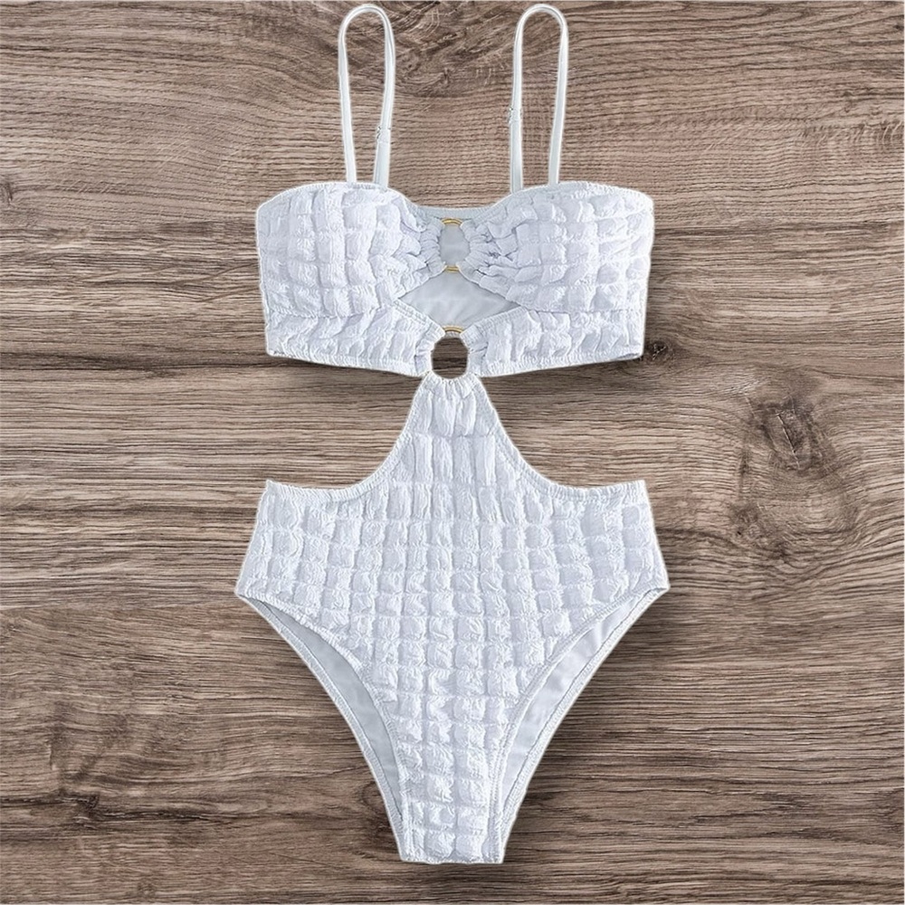 NWT WHITE Ring Linked One Piece Swimsuit Cut Out Waist Bathing Suit, Swimwear